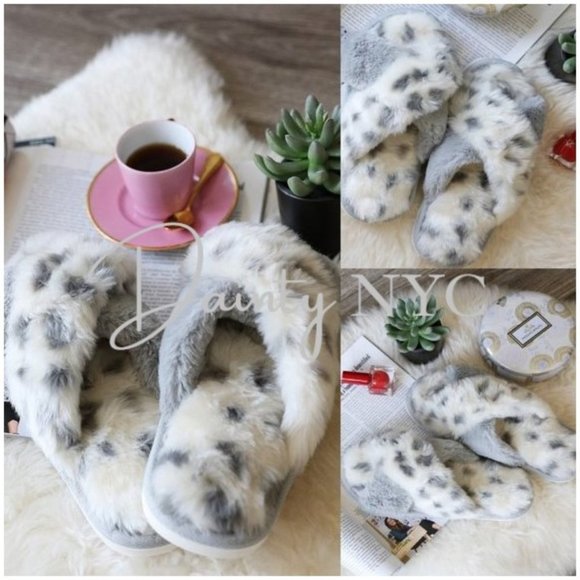 Fur Leopard Slippers Gray & White - Picture 1 of 12
